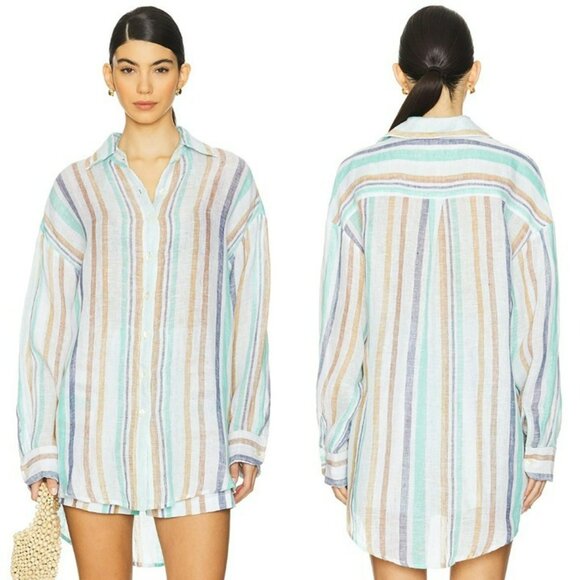 Vitamin A Playa Linen Boyfriend Shirt - Tidal Stripe - Picture 1 of 12